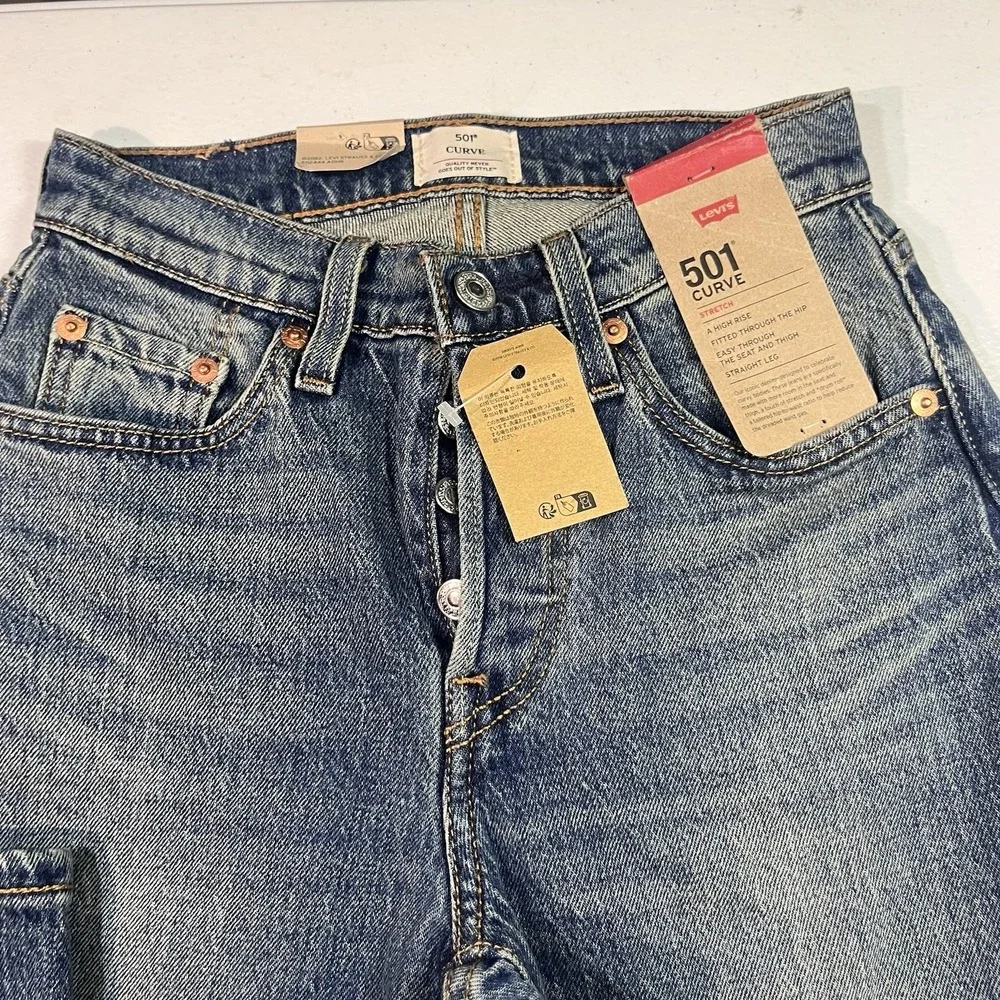 Levis 501 Curve Jeans Womens 24x30 Straight High Rise Stretch Denim Bedazzled